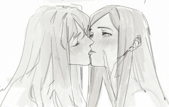 2girls blush closed_eyes commentary fujino_shizuru greyscale guri_gom hand_on_another's_neck kiss kuga_natsuki licking licking_another's_face licking_another's_lips long_hair monochrome multiple_girls my-hime tongue tongue_out yuri
