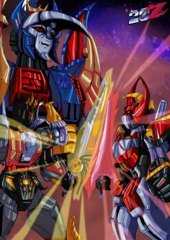 1980s_(style) 3boys absurdres armor autobot battle crossover daijuujin daizyuzin deathsaurus decepticon dino_megazord evil_smile fighting glowing glowing_sword glowing_weapon highres holding holding_sword holding_weapon horns kyouryuu_sentai_zyuranger mecha mechanical_wings mighty_morphin_power_rangers multiple_boys no_humans oldschool open_mouth power_rangers red_eyes retro_artstyle robot science_fiction smile star_(symbol) super_robot super_sentai sword tokusatsu transformers transformers_power_of_the_primes transformers_victory volcanicus weapon wings yellow_eyes zakman-wahid