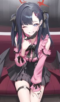 1girl absurdres alternate_costume alternate_hairstyle black_choker black_hair black_ribbon black_skirt black_wings blue_archive blue_eyes choker clothing_cutout commentary criss-cross_strings dress earrings frilled_dress frills hair_behind_ear hair_ornament hair_ribbon hairclip halo heart heart_earrings heart_o-ring high-waist_skirt highres ichika_(blue_archive) jewelry jirai_kei light_blush long_hair looking_at_viewer low_wings mask mask_pull mouth_mask neck_ribbon o-ring one_eye_closed parted_bangs pink_dress red_halo ribbon ring rkin shoulder_cutout sitting skirt smile solo surgical_mask symbol-only_commentary teeth thigh_strap twintails wings