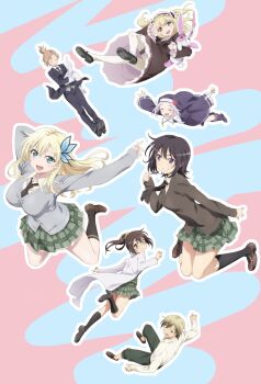 1boy 6+girls aqua_eyes black_dress black_hair black_necktie black_socks black_thighhighs blonde_hair blue_background blue_capelet blue_dress blue_headwear blue_jacket blue_pants boku_wa_tomodachi_ga_sukunai brown_cardigan brown_eyes brown_hair butterfly_hair_ornament capelet cardigan clenched_teeth closed_eyes closed_mouth commentary dress falling fang frilled_dress frills glasses green_pants green_skirt hair_ornament hairband hasegawa_kobato hasegawa_kodaka heterochromia highres holding holding_towel jacket kashiwazaki_sena kneehighs kusunoki_yukimura lab_coat loafers lolita_fashion lolita_hairband long_hair long_sleeves mikazuki_yozora multiple_girls necktie nun official_art open_mouth outline pants pantyhose pink_background pleated_skirt ponytail purple_eyes red_eyes school_uniform shiguma_rika shoes short_hair simple_background skirt smile socks st._chronica_academy_school_uniform takayama_maria teeth thighhighs thighs towel two-tone_background watanabe_yoshihiro white_outline white_pantyhose wide_sleeves