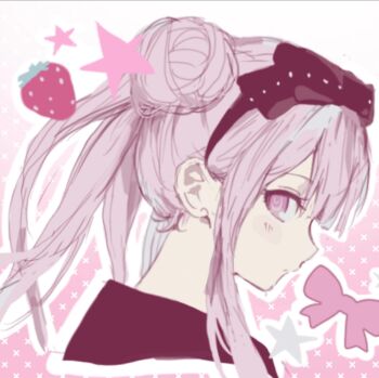 1girl black_bow black_hairband blush_stickers bow closed_mouth cropped_shoulders expressionless food from_side fruit hair_bun hairband highres kuravika long_hair outline pink_eyes pink_hair profile sidelocks sketch solo star_(symbol) strawberry the_hundred_line_-last_defense_academy- tsukumo_kako white_outline