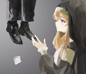 1boy 1girl absurdres animal_ear_headwear black_pants black_shoes black_veil blue_archive coif commentary_request doodle_sensei_(blue_archive) expressionless fake_animal_ears feet from_side gradient_background grey_background hand_up highres implied_death jojo_rabbit long_hair long_sleeves mari_(blue_archive) mskim nun orange_hair pants profile scene_reference sensei_(blue_archive) shoes simple_background trembling veil