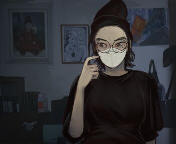 1girl artist_self-insert beanie black_hat black_shirt brown_eyes genderswap genderswap_(mtf) glasses hand_up hat highres indoors looking_away mask mole mole_on_forehead mole_under_eye mossacannibalis mouth_mask original round_eyewear shirt short_sleeves solo surgical_mask