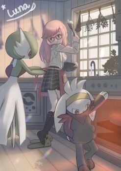 1other 2girls absurdres animal_nose animal_slippers apron arm_up artist_name black_fur black_skirt black_socks blush bob_cut body_fur bowl breasts bright_pupils brown_eyes colored_skin commission cooking crop_top day faucet from_side full_body furry gardevoir gen_1_pokemon gen_3_pokemon gen_8_pokemon glasses green_hair green_skin hand_in_pocket highres holding holding_bowl holding_spatula indoors jacket kneehighs light_blush long_hair long_sleeves looking_at_another looking_back luna_mokamoka miniskirt mixing_bowl multicolored_fur multicolored_skin multiple_girls nintendo no_feet open_clothes open_jacket open_mouth original outstretched_arm oven pikachu pink_hair plaid_clothes plaid_skirt pleated_skirt pocket poke_ball_symbol pokemon pokemon_(creature) rabbit_ears raboot red-framed_eyewear red_eyes red_fur shirt short_hair sidelocks signature skeb_commission skirt slippers small_breasts socks spatula standing swept_bangs two-tone_skin tying_apron white_fur white_jacket white_pupils white_shirt white_skin window wooden_floor yellow_slippers