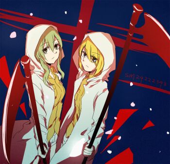 2girls :/ blonde_hair blue_eyes closed_mouth coat commentary_request green_eyes green_hair gumi holding holding_scythe holding_weapon hood hood_up kagamine_rin looking_at_another multiple_girls scythe short_hair sidelocks sweater vocaloid weapon white_coat wounds404 yellow_sweater