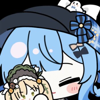 1girl animated animated_gif artist_collaboration black_hat blue_hair blush_stickers braid braided_hair_rings character_doll chibi chibi_only chunye_haruya closed_eyes closed_mouth doll hair_rings hat heart holding holding_doll lowres mahou_shoujo_no_majo_saiban nekoyashiki_riri no_nose short_hair simple_background smile solo tachibana_sherry tono_hanna transparent_background upper_body
