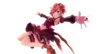 1girl :o armpits black_sleeves black_socks bow bow_flower clothing_cutout detached_sleeves double-parted_bangs dress floral_print floral_print_dress flower foreshortening frilled_thigh_strap game_cg hair_flaps hair_ornament hairclip highres jewelry lapis_re:lights looking_at_viewer messy_hair midair navel official_art open_mouth orange_hair outstretched_arms platform_heels print_dress print_socks purple_bow red_dress red_eyes red_flower red_rose red_skirt ring rose rose_print salsa_(lapis_re:lights) short_hair sidelocks simple_background skirt sleeveless sleeveless_dress socks solo spread_arms stomach_cutout thigh_strap third-party_source transparent_background