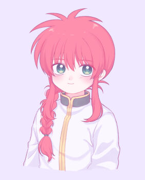 Rule 34 | 1boy, alternate hairstyle, bishounen, braid, commentary request, cropped torso, green eyes, hair over shoulder, jacket, kurama (yu yu hakusho), light blush, light smile, long hair, long sleeves, male focus, morishi (bearxforest), purple background, red hair, sidelocks, simple background, single braid, solo, upper body, white jacket, yuu yuu hakusho
