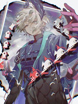 1girl arknights bird_girl black_feathers commentary_request dark_skin earrings extra_arms feathers fish gloves grey_hair highres jewelry multicolored_gloves one_eye_closed ra_aizz raidian_(arknights) rhodes_island_uniform two-tone_gloves v