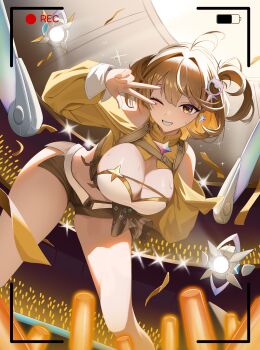 1girl ;o absurdres anis_(nikke) breasts brown_eyes brown_hair brown_shorts cleavage commentary_request crop_top crowd goddess_of_victory:_nikke highres idol large_breasts leaning_forward looking_at_viewer one_eye_closed recording short_hair short_shorts shorts solo solo_focus stage v viewfinder yeongae1211