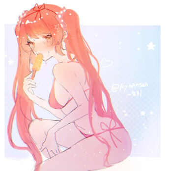 Rule 34 | 1girl, bare arms, bare legs, bare shoulders, bikini, blush, breasts, commentary request, food, food in mouth, holding, holding food, holding popsicle, long hair, looking at viewer, neko (kyorinsan 831), orange eyes, orange hair, osana najimi (yandere simulator), popsicle, popsicle in mouth, solo, swimsuit, twintails, yandere simulator