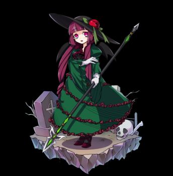 1girl black_background black_hat bone bow dress frilled_dress frills full_body gloves grave graveyard green_bow green_dress hat hat_bow high_heels highres holding holding_polearm holding_weapon large_hat long_dress long_hair long_sleeves low_twintails merc_storia merc_storia_art_team official_art photon_(merc_storia) pink_eyes polearm puffy_long_sleeves puffy_sleeves purple_hair red_shoes shoes sidelocks simple_background skull solo standing tachi-e twintails weapon white_gloves wide_sleeves