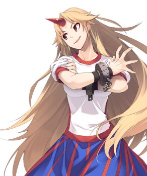1girl blonde_hair blue_skirt breasts cuffs eho_(icbm) game_cg horns hoshiguma_yuugi labyrinth_of_touhou_(series) labyrinth_of_touhou_2 large_breasts long_hair official_art oni open_mouth puffy_short_sleeves puffy_sleeves red_eyes red_horns shackles shirt short_sleeves single_horn skirt smile solo teeth third-party_source touhou transparent_background upper_teeth_only very_long_hair white_shirt