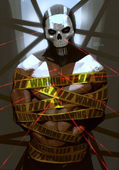 Rule 34 | 1boy, abs, arm tattoo, bara, bound, call of duty, call of duty: modern warfare 2, ghost (modern warfare 2), highres, masked, muscular, muscular male, pectorals, ribbon, ribbon bondage, tattoo, voidbringerr