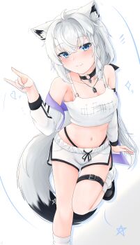1girl absurdres ahoge animal_ear_fluff animal_ears aqua_eyes black_choker blush breasts camisole choker cleavage closed_mouth collarbone commentary_request fox_ears fox_girl highres hololive jacket jewelry long_hair long_sleeves looking_at_viewer navel necklace shirakami_fubuki short_shorts shorts simple_background smile solo st-147 stomach virtual_youtuber white_background white_camisole white_hair white_jacket white_shorts