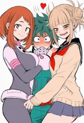 1boy 2girls blonde_hair blush bodysuit boku_no_hero_academia breasts brown_eyes brown_hair closed_mouth fangs green_eyes green_hair hair_bun highres horoyoi_drink large_breasts long_sleeves looking_at_viewer midoriya_izuku miniskirt multiple_girls open_mouth sailor_collar sandwiched school_uniform short_hair sidelocks skirt smile superhero_costume toga_himiko uraraka_ochako uraraka_ochako_(hero_outfit) yellow_eyes