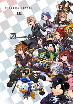 3girls 6+boys absurdres aqua_(kingdom_hearts) axel_(kingdom_hearts) bare_shoulders black_coat black_coat_(kingdom_hearts) black_footwear black_gloves black_hair black_jacket black_pants black_shirt blonde_hair blue_hair blue_hat blue_pants brown_hair chakram checkered_background closed_mouth coat commentary copyright_name daru destiny&#039;s_embrace_(kingdom_hearts) detached_sleeves dog_boy donald_duck dress dual_wielding duck_boy ends_of_the_earth english_commentary fingerless_gloves flame_liberator furry gloves goofy green_shirt grey_hair hat highres holding holding_shield holding_staff holding_weapon hood hood_down hooded_coat jacket kairi_(kingdom_hearts) keyblade kingdom_hearts kingdom_hearts_iii kingdom_key long_sleeves mickey_mouse mickey_mouse_&amp;_friends mouse_boy multiple_boys multiple_girls oblivion_(keyblade) open_clothes open_jacket open_mouth pants pink_dress rainfell red_hair riku_(kingdom_hearts) roxas shield shirt shoes short_hair short_sleeves smile sneakers sora_(kingdom_hearts) spiked_hair staff teeth terra_(kingdom_hearts) tongue upper_teeth_only ventus_(kingdom_hearts) way_to_the_dawn weapon white_gloves white_shirt white_sleeves xion_(kingdom_hearts) yellow_hat