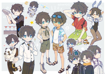 6+boys animal_ears astronaut backpack bag bird black_gloves black_hair black_leotard black_vest blue_eyes blue_necktie boots brown_boots camouflage camouflage_shorts cargo_shorts chibi chinese_clothes chocomirukuaji cocktail_glass cocktail_shaker command_spell crossdressing crossdressing_(mtf) cup detached_collar drinking_glass eyewear_on_head fake_animal_ears fake_tail fate/grand_order fate_(series) fishnet_pantyhose fishnets fujimaru_ritsuka_(male) fujimaru_ritsuka_(male)_(chaldea_pathfinder) fujimaru_ritsuka_(male)_(decisive_battle_chaldea_uniform) fujimaru_ritsuka_(male)_(polar_chaldea_uniform) fujimaru_ritsuka_(male)_(tropical_summer) fujimaru_ritsuka_(male)_(true_ether_chaldea_uniform) fujimaru_ritsuka_(male)_(waltz_in_the_moonlight/lostroom) gloves green_shorts hands_on_own_hips jacket japanese_clothes kimono leotard male_focus male_playboy_bunny multiple_boys multiple_persona necktie orange_shirt panda pantyhose planet rabbit_ears rabbit_tail red_kimono rolling_suitcase sandals satellite seiza shirt shorts sitting sleeves_past_wrists sparkle star_(symbol) suitcase sunglasses tail tan vest watch white_jacket white_vest wristwatch