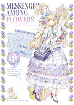 1girl absurdres animal animal_on_head bag baiguiyu bird bird_on_head blonde_hair bow commentary dress flower frilled_dress frills head_wings high_heels highres holding jewelry lace_trim looking_at_viewer on_head original pantyhose paper_roll pink_bow plant puffy_sleeves purple_eyes purple_flower ring rose symbol-only_commentary white_flower white_pantyhose white_rose wings
