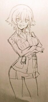 Rule 34 | 1girl, :d, braid, breast pocket, breasts, collared shirt, commentary request, cowboy shot, cropped legs, crossed arms, dress shirt, girls und panzer, hair between eyes, ikeda sakura, jacket, large breasts, long sleeves, looking at viewer, medium hair, military uniform, miniskirt, monochrome, open mouth, pepperoni (girls und panzer), pleated skirt, pocket, shirt, short hair, side braid, simple background, single braid, sketch, skirt, smile, solo, standing, translation request