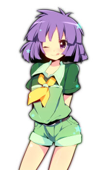 00s 1boy :q ;q androgynous arms_behind_back belt bugsy_(pokemon) gym_leader highres male_focus nakamura_sandayo nintendo one_eye_closed pokemon pokemon_hgss purple_eyes purple_hair shorts simple_background solo star_(symbol) tongue tongue_out trap white_background wink