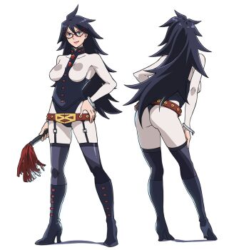 1girl artist_request ass belt black_hair blue_eyes bodysuit boku_no_hero_academia breastless_clothes breasts broken_handcuffs cat_o'_nine_tails closed_mouth commentary_request cuffs dominatrix domino_mask eye_mask full_body garter_straps hand_on_own_hip handcuffs holding holding_whip large_breasts leaning_forward leotard long_hair looking_at_viewer mask mature_female midnight_(boku_no_hero_academia) mole mole_under_eye official_art presenting presenting_ass smile solo thighhighs transparent_background vigilante_-boku_no_hero_academia:_illegals- whip white_bodysuit