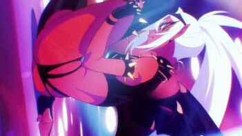 animated animated_gif anime_screenshot armlet ass black_thighhighs black_tiara black_wings blue_hair breasts butt_crack collar colored_skin demon demon_girl demon_horns demon_wings fingerless_gloves glasses gloves horns huge_ass jewelry kneesocks_(psg) long_hair looking_at_viewer panty_&amp;_stocking_with_garterbelt ponytail red_skin single_horn smile spiked_armlet spiked_collar spiked_gloves spikes thighhighs thighhighs_pull thighs thong tiara wings