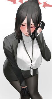 1girl absurdres almondman black_hair black_pantyhose black_skirt blue_archive blush breasts formal_clothes gloves hair_between_eyes halo hasumi_(blue_archive) highres id_card jacket lanyard large_breasts long_hair looking_at_viewer office_lady pantyhose parted_lips pencil_skirt ponytail red_eyes ribbed_sweater skirt solo sweat sweater turtleneck turtleneck_sweater very_long_hair white_background