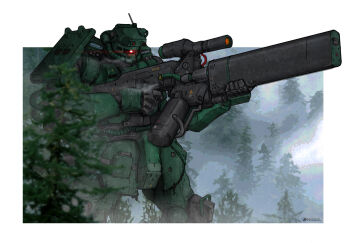 beam_rifle commentary energy_gun english_commentary forest gun gundam highres insignia machinery mecha mobile_suit mobile_suit_gundam nature nomansnodead one-eyed original pine_tree red_eyes redesign rifle robot science_fiction shield sniper sniper_rifle scope solo tree upper_body weapon zaku zeon