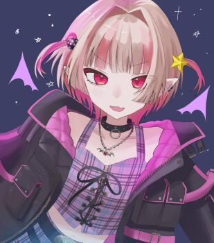 1girl :d belt belt_buckle black_belt black_collar black_jacket blue_background blunt_bangs blush buckle chain chain_necklace collar collarbone colored_inner_hair commentary_request crop_top cross-laced_clothes cross-laced_top detached_wings drawn_wings dutch_angle earclip fang gnzr_707 grey_hair hair_bobbles hair_intakes hair_ornament highres jacket jewelry looking_at_viewer makaino_ririmu makaino_ririmu_(6th_costume) midriff multicolored_hair multiple_belts navel necklace nijisanji no_headwear o-ring_collar open_clothes open_jacket open_mouth pendant pink_hair pink_jacket pink_skirt pink_streaks plaid_clothes plaid_skirt pocket pointy_ears red_eyes short_hair skin_fang skirt smile solo spiked_collar spikes standing star_(symbol) star_hair_ornament star_symbol_background streaked_hair two-sided_fabric two-sided_jacket two-tone_hair two_side_up unbuttoned unzipped upper_body v-shaped_eyebrows virtual_youtuber wings wolf_cut zipper_top