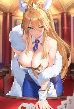 >:) 1girl ace_(playing_card) ace_of_hearts ahoge animal_ears artist_name artoria_pendragon_(fate) artoria_pendragon_(swimsuit_ruler)_(fate) artoria_pendragon_(swimsuit_ruler)_(first_ascension)_(fate) bare_shoulders blue_necktie blue_pantyhose blush braid breasts card casino center_opening cleavage closed_mouth collarbone cowboy_shot detached_collar fake_animal_ears fate/grand_order fate_(series) green_eyes hair_between_eyes heart highres indoors large_breasts leaning_forward leotard long_hair looking_at_viewer necktie pantyhose playboy_bunny playing_card poker_table ponytail ponytail_with_braided_base pov rabbit_ears raijuu_(bakanara) shawl sidelocks smile solo sparkle strapless strapless_leotard table tiara very_long_hair wrist_cuffs