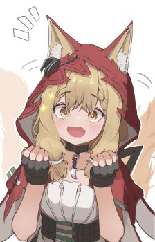 Rule 34 | 1girl, absurdres, animal ear fluff, animal ears, arknights, arknights: endfield, black gloves, blonde hair, brown eyes, cape, commentary, commentary request, dress, fang, fingerless gloves, gloves, hands up, highres, hood, hood up, hooded cape, jewelry, korean commentary, mangotonic, necklace, notice lines, open mouth, red cape, rossi (arknights), simple background, skin fang, solo, tail, tail wagging, tooth necklace, white background, white dress, wolf ears, wolf girl, wolf tail