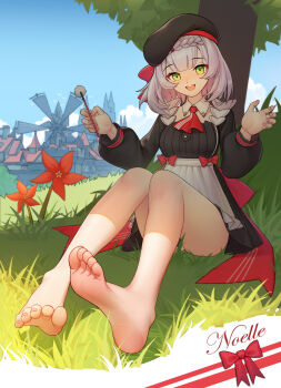 1girl :d absurdres alternate_costume apron bare_legs barefoot blue_sky blunt_bangs bow braid breasts newsboy_cap character_name employee_uniform feet fingernails flower foot_focus foreshortening full_body genshin_impact grass green_eyes half-closed_eyes hat highres jiachong_jun_z legs long_sleeves looking_at_viewer noelle_(genshin_impact) noelle_(kfc)_(genshin_impact) open_mouth outdoors red_bow short_hair silver_hair sitting sky smile soles solo teeth toes tree under_tree upper_teeth_only windmill