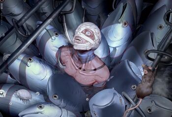 1boy animal artist_name bandaged_head bandaged_torso bandages blood bloody_bandages blue_eyes breath burn_scar collarbone commentary condensation creator_connection crossover crowded curly_(mouthwashing) curly_(post-crash)_(mouthwashing) cymothoa_exigua fish fish_request from_above head_back highres how_fish_is_made impaled isopod looking_at_viewer meat_hook mouse_(animal) mouthwashing oversized_animal scar sialyxz solo teeth topless_male water_drop wide-eyed