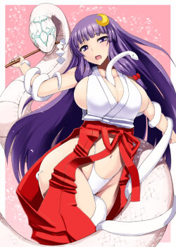 Rule 34 | 1girl, blue eyes, breasts, cleavage, clothing cutout, gohei, hair ornament, hakama, highleg, highleg panties, ishimiso (ishimura), japanese clothes, large breasts, long hair, miko, moon (ornament), oonusa, panties, patchouli knowledge, purple hair, revealing clothes, sidelocks, snake, touhou, underwear, white panties