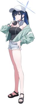 1girl aqua_jacket black_camisole blue_archive blue_eyes blue_halo breasts camisole cleavage closed_mouth colored_inner_hair cross_halo denim denim_shorts full_body game_asset halo hat headphones headphones_around_neck highres jacket large_breasts large_variant_set light_smile long_hair looking_at_viewer multicolored_hair mx2j official_alternate_costume official_art ponytail saori_(blue_archive) saori_(swimsuit)_(blue_archive) shorts tachi-e thighs third-party_source transparent_background two-tone_hair variant_set white_hat