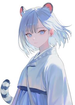 1girl animal_ear_fluff animal_ears blue_eyes closed_mouth commentary commission earrings extra_ears highres japanese_clothes jewelry kimono looking_at_viewer medium_hair nbee_ya original simple_background slit_pupils solo striped_tail tail upper_body white_background white_kimono