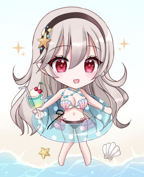 1girl bare_shoulders beach big_head bikini black_hairband blush breasts chibi clam_shell cleavage cup drink female_corrin_(cipher_shell_bikini)_(fire_emblem) female_corrin_(fire_emblem) fire_emblem fire_emblem_cipher fire_emblem_fates grey_hair hair_between_eyes hair_ornament hairband highres holding holding_cup kirishima_riona large_breasts long_hair looking_at_viewer navel nintendo official_alternate_costume open_mouth pointy_ears red_eyes seashell shell shell_bikini smile solo starfish starfish_hair_ornament swimsuit underboob very_long_hair water white_hair