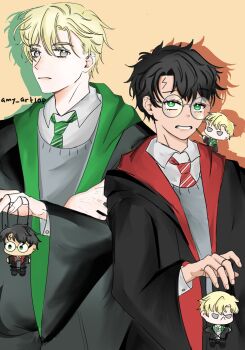 2boys amy_art10p black_hair black_robe blonde_hair chibi closed_mouth collar draco_malfoy eyelashes glasses green_eyes grey_eyes gryffindor harry_potter harry_potter_(series) height_difference hogwarts_school_uniform holding holding_wand lightning_bolt_symbol looking_at_viewer male_focus messy_hair multiple_boys necktie parted_lips robe scar scar_on_face scar_on_forehead school_uniform slytherin striped_necktie stuffed_toy teeth twitter_username wand wing_collar wizarding_world
