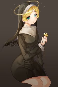 1girl absurdres aqua_eyes bad_id bad_pixiv_id black_background blonde_hair camellia_(camel_mal) catholic commentary cross crucifix habit halo highres long_sleeves looking_at_viewer maggy_(the_binding_of_isaac) nun open_mouth short_hair simple_background solo swept_bangs the_binding_of_isaac