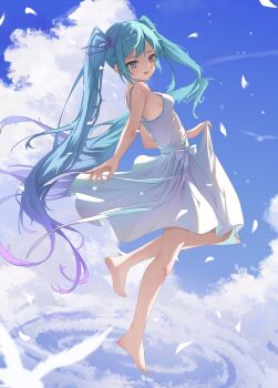 1girl :d absurdres alternate_costume barefoot blue_sky blush bow breasts chinese_commentary cloud commentary_request cumulonimbus_cloud day dress dress_bow eyelashes falling_petals feet floating_hair from_side full_body green_hair grey_eyes hair_between_eyes hair_ribbon happy hatsune_miku highres liangfangliangfangliang long_hair looking_at_viewer medium_breasts midair open_mouth outdoors petals purple_ribbon ribbon sidelighting sidelocks skirt_hold sky sleeveless sleeveless_dress smile soles solo spaghetti_strap standing standing_on_one_leg toes twintails very_long_hair vocaloid white_bow white_dress wind