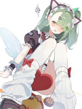 Rule 34 | 1girl, absurdres, animal ear hairband, animal ears, bag, bell, black dress, blush, box, candy, cat ear hairband, cat ears, chocolate, chocolate heart, commentary, commentary request, dress, english commentary, fake animal ears, food, from below, ghost hair ornament, green eyes, green hair, hair ornament, hairband, hamuchu, heart, heart-shaped box, heart-shaped food, heart hair ornament, highres, maid, maid headdress, mixed-language commentary, multiple hair clips, neck bell, official alternate costume, open mouth, red bag, simple background, sitting, solo, squiggle, sunna (afternoon tea break) (zenless zone zero), sunna (zenless zone zero), sweat, white background, white wings, winged bag, wings, zenless zone zero