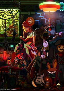 00s 1980s_(style) 1girl 2009 2boys android artist_name bear blade_runner_(series) blade_runner_(1982_movie) book cake cat child clock crossed_legs deamcatcher doll electric_guitar food guitar ice_cream indoors instrument j.f._sebastian lava_lamp masui_hidemitsu multiple_boys oldschool retro_artstyle room rubik&#039;s_cube smirk soda soldier toy weights