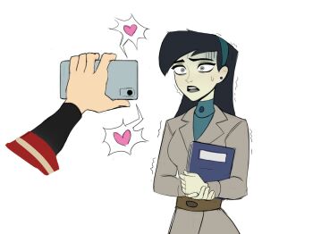 1boy 1girl amugea black_hair blackmail blue_shirt book cellphone colored_skin disembodied_hand grey_jacket grey_skin heart highres holding holding_book holding_phone jacket kim_possible_(series) long_hair official_alternate_costume open_mouth phone ron_stoppable shego shirt simple_background smartphone solo_focus speech_bubble teeth turtleneck turtleneck_shirt white_background