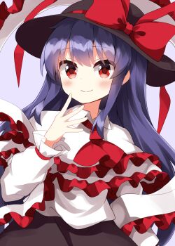 1girl alternate_hair_length alternate_hairstyle ascot black_hat black_skirt blush bow closed_mouth collared_shirt commentary_request cowboy_shot frilled_shawl frilled_sleeves frills hand_up hat hat_bow highres long_hair long_sleeves looking_at_viewer nagae_iku purple_background purple_hair red_ascot red_bow red_eyes ruu_(tksymkw) shawl shirt sidelocks simple_background skirt smile solo touhou white_shawl white_shirt