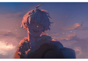 1boy ^_^ acidiccandles bag closed_eyes cloud cloudy_sky facing_viewer fumetsu_no_anata_e fur-trimmed_jacket fur_trim fushi hair_between_eyes happy jacket male_focus open_mouth outdoors short_hair sidelighting sky smile solo sunset teeth upper_body