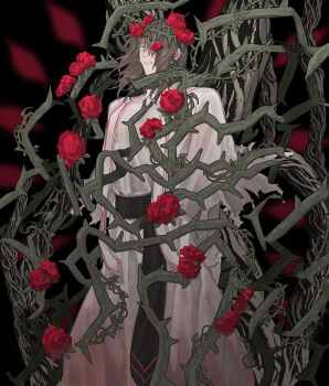 1boy absurdres alternate_costume arms_at_sides beard_stubble black_background black_sash blurry brown_hair capelet cowboy_shot crown_of_thorns depth_of_field dress e.g.o_(project_moon) facial_hair facial_mark falling_petals feet_out_of_frame floating floating_hair flower flower_wreath formal_clothes from_side garden_of_thorns_(e.g.o) gloves gregor_(project_moon) hair_between_eyes hair_flower hair_ornament hair_over_one_eye hair_vines hairband half-closed_eyes head_wreath highres leaf limbus_company long_hair long_sleeves looking_at_viewer looking_to_the_side male_bride male_focus official_alternate_costume one_eye_covered pants parted_bangs parted_lips petals plant project_moon red_flower red_rose red_strips rose rose_petals sash shoulder_sash sideways_glance simple_background solo standing stubble teeth thorns too_many too_many_flowers torn_capelet torn_clothes uibou00000 vines waist_sash white_dress white_gloves white_pants white_sash yellow_eyes