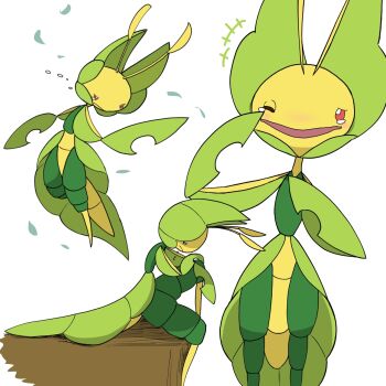 +++ 1girl antennae arthropod_girl blush closed_mouth colored_skin crying falling_leaves female_focus from_side full_body furry furry_female gen_5_pokemon green_skin half-closed_eyes hands_on_own_knee hands_up highres knee_up leaf leavanny looking_afar looking_at_viewer magical_leaf_(pokemon) monya multicolored_skin multiple_views nintendo nose_blush one_eye_closed open_mouth pokemon pokemon_(creature) pokemon_move red_eyes sad simple_background sitting standing straight-on tears v-shaped_eyebrows white_background wiping_tears yellow_skin