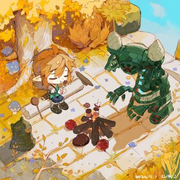 1boy arm_markings blonde_hair campfire chewing closed_eyes cooking creature eating fire gladiator_sandals hair_between_eyes highres holding holding_skewer link male_focus medium_hair mushroom nintendo outdoors pointy_ears sandals shanzer sidelocks sitting skewer the_legend_of_zelda the_legend_of_zelda:_tears_of_the_kingdom under_table