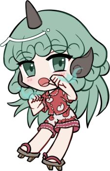1girl :o blush brown_sandals chibi chibi_only collared_shirt curly_hair full_body geta green_eyes green_hair hands_up horns kariyushi_shirt komano_aunn long_hair looking_at_viewer mirei_(miirei) open_mouth red_shirt sandals shirt short_sleeves shorts simple_background single_horn solo standing touhou transparent_background white_shorts